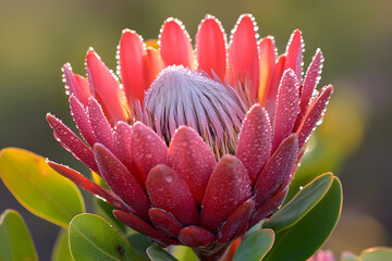 Fototapeta premium Bright Pink Protea Flower with Morning Dew 