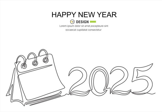 Loose-leaf calendar continuous line drawing. One line art of calendar 2025, memorable date, countdown, holiday, weekday and weekend.
