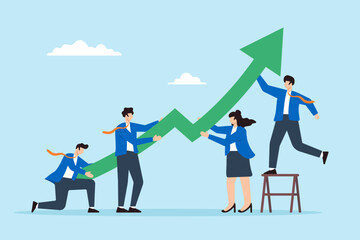 Flat illustration of business people push green growth chart arrow upward teamwork help improve company increase success efficiency