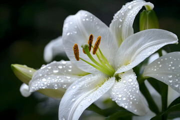 Fototapeta premium White Lily with Dew Drops on Petals 