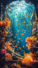 Sunlight beams through underwater shipwreck with colorful fish and coral