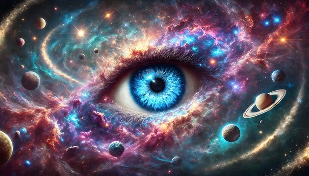 A surreal space scene in which giant blue human eyes are seamlessly integrated with swirling galaxies and nebulae. It symbolizes the interrelationship between the universe and consciousness.