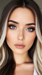 Obraz premium Captivating portrait of a young woman with elegant makeup and voluminous hair indoors