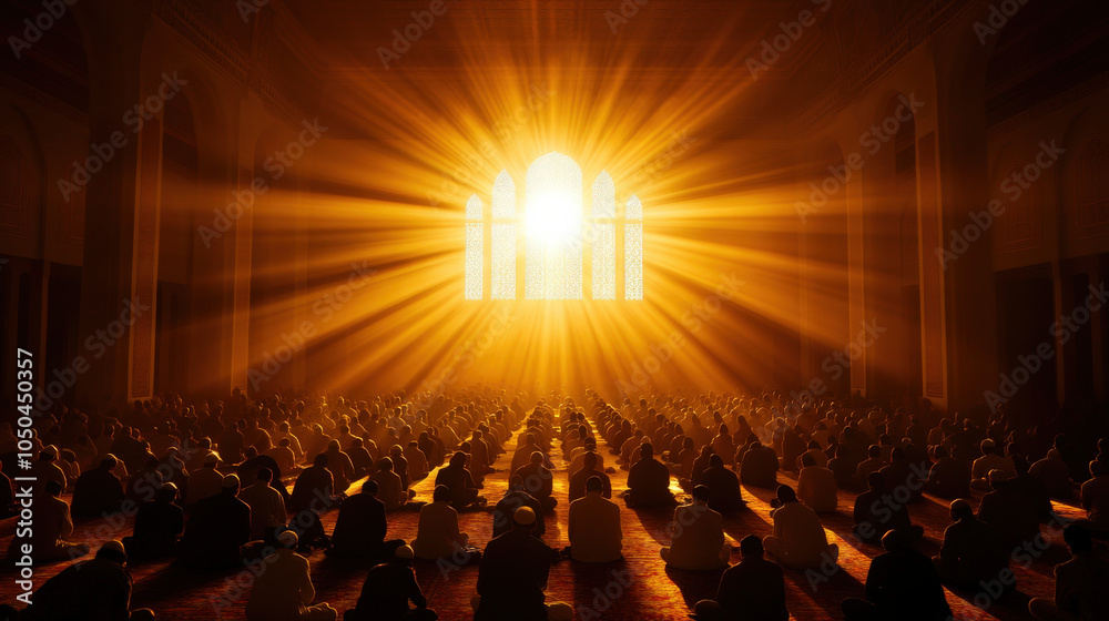 Poster a serene interior scene with radiant light streaming through a large window, illuminating figures in