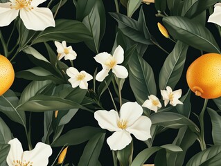 Seamless Pattern of Botanical Fruits and Flowers in Realistic Oil Painting Texture