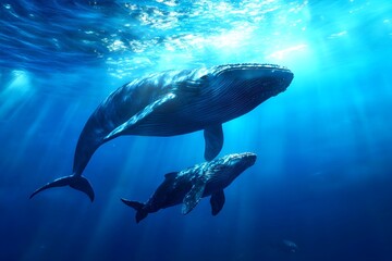 Fototapeta premium The blue whale swims gracefully across the sea with the calf, and the sunlight moves across the ocean