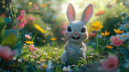 Fototapeta premium Happy Bunny Among Colorful Flowers in Nature