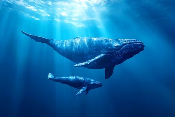 Fototapeta premium The blue whale swims gracefully across the sea with the calf, and the sunlight moves across the ocean