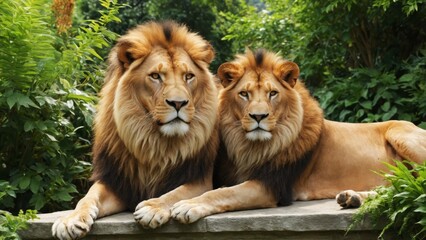 Naklejka premium A majestic lion and a gentle lamb resting together in a vibrant garden at sunrise