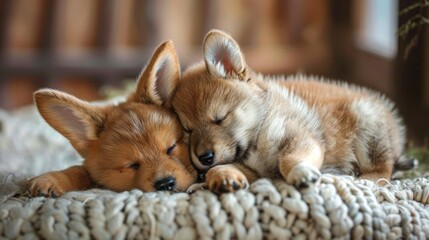 Obraz premium Adorable Bunny and Puppy Cuddling Together