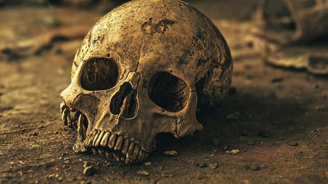 close up ancient human skull on dirt ground