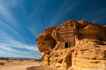 An ancient tomb in sandstone rock in Hegra near Alula the first Unesco site in Saudi Arabia