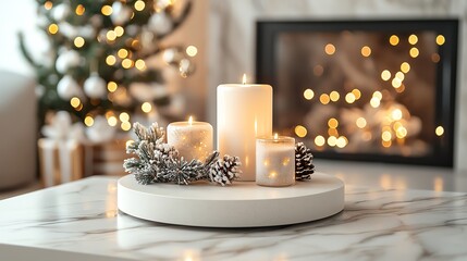 Minimalist podium with white and green Christmas decor, cozy holiday lights, elegant holiday feel