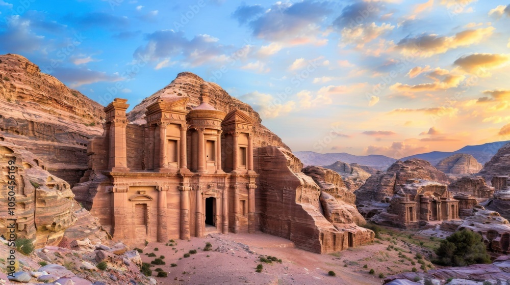 Aufkleber a picturesque view of the ancient city of petra with its sandstone cliffs and carved rock temples un