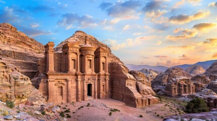 A picturesque view of the ancient city of Petra with its sandstone cliffs and carved rock temples...