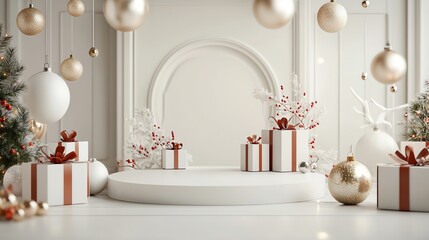 Podium surrounded by Christmas gifts, red ribbons, gold ornaments, lively holiday event setup
