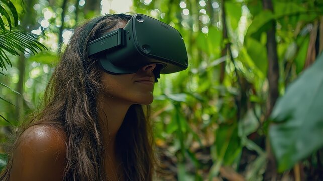 Conservationists use VR headsets to explore a virtual rainforest environment, identifying areas impacted by deforestation and planning restoration projects without disturbing the existing ecosystem 