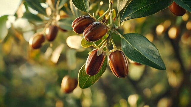 Jojoba fruitful tree in plantation with sunlight 