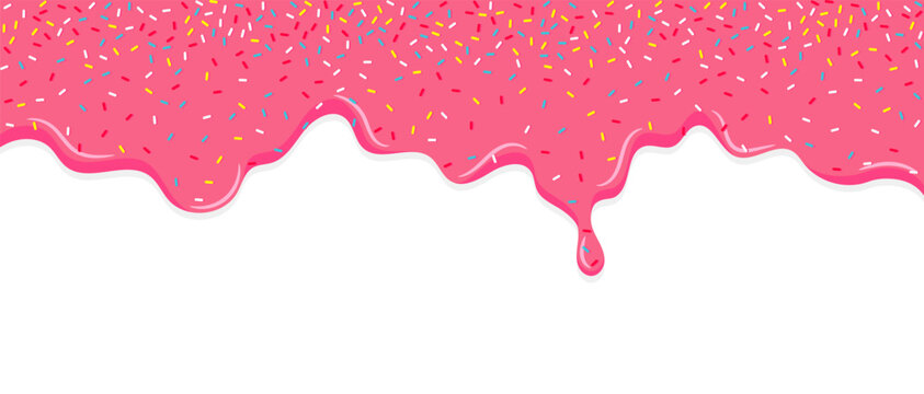 Dripping pink sweet donut glaze vector background, Colorful sprinkles banner background