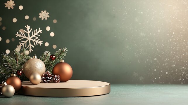 Sparkling podium with holiday snowflakes, red and green decor, Christmas warmth and charm