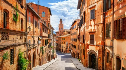 Naklejka premium A picturesque view of the charming streets and medieval architecture of Siena with its historic buildings and quaint alleyways, urban setting with warm browns and muted greens, Siena style