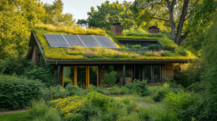 A sustainable green house with solar panels in a forest. energy-efficient, ecofriendly, village traditional home, ecological concept.