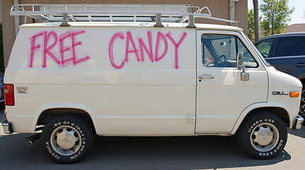 White Van with ‘Free Candy’ Graffiti: A Humorous Take on Urban Legends and Scary Aesthetics