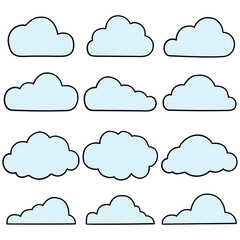 Hand drawn cartoon set of different clouds on white background. Meteorology, heaven, weather forecast.