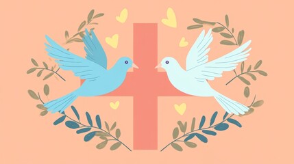 Two doves with olive branches under the cross 
