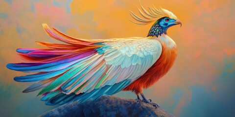 Obraz premium Colorful bird perched on rock, sunset background.