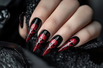 Gothic nails featuring blood red dripping paint and skull designs create striking and edgy look. This unique nail art combines dark aesthetics with intricate details, perfect for those who love bold