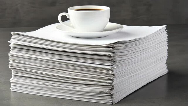 A cup of coffee sits on a stack of newspapers