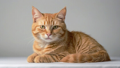 Ginger red cat on a white background lies and looks at the camera. Pets.