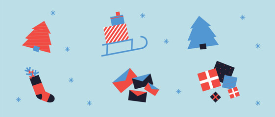Obraz premium Xmas Baubles and Decoration. Cartoon Vector Illustration, Icon, Clip Art. Minimalist holiday aesthetics. Christmas Tree Toys in Cute Scandinavian Folk Style. 