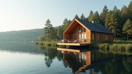 Obraz premium Contemporary Wooden Cabin Retreat: Perfect Getaway in Nature's Embrace