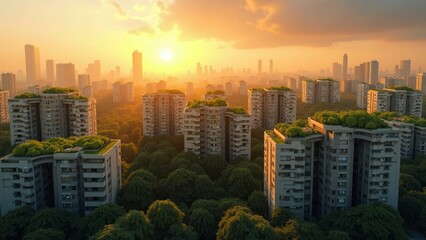 Obraz premium Sunset Over a City of Green Rooftops: A Sustainable Urban Landscape