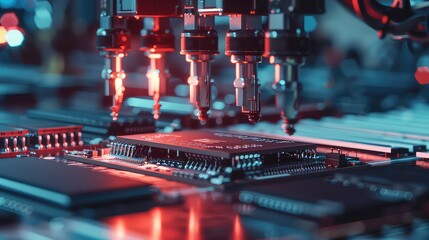 Robotic arm with glowing tips over a circuit board during the manufacturing process.