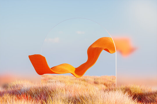 Abstract Autumn landscape scene with a podium for product display. 3d rendering