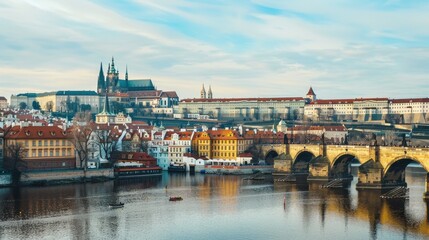 A picturesque view of the historic streets and medieval architecture of Prague with its iconic castle and Charles Bridge spanning the Vltava River, historic setting with warm, earthy tones