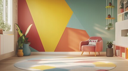 Colorful color block painting wall interior design, fun bright style, modern living room, armchair furniture