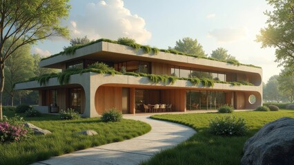 Obraz premium Eco-Friendly Museum with Lush Rooftop Garden - Innovative Design