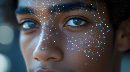 Futuristic Face Recognition Technology Visualized with Geometric Grid Patterns