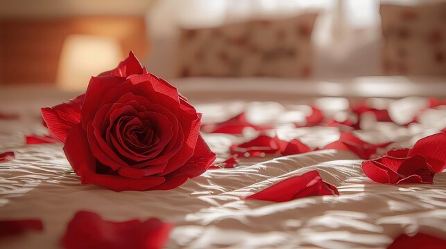 Single red rose lying on a white bed with rose petals around it.