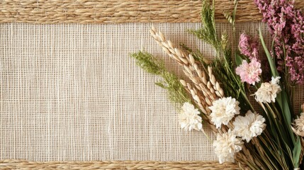 Obraz premium 春の装飾と環境に優しいデザインのための黄麻布の素朴なフラワーアレンジメント