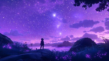 Fototapeta premium Gnome Astronaut Exploring Alien Landscape Under Glowing Purple Sky