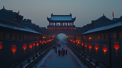 Fototapeta premium Xi'an Ancient Culture, the magnificent view of Xi'an Old City Gate with city walls and red lanterns hanging along the street, Ai generated images