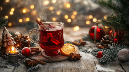 cup of hot mulled wine with ingredients around, shaped canvas