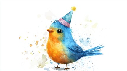 A cheerful watercolor bird wearing a party hat, colorful splashes enhance its festive look, perfect for celebrations and joy.