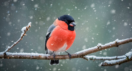 Fototapeta premium Bullfinch on a tree branch in snowy weather