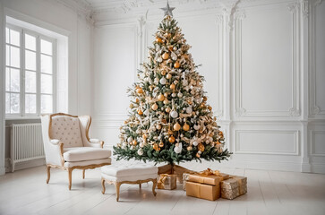 Beautiful Christmas tree with gifts in the middle of a bright living room